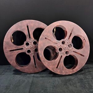 Set of 2 Distressed Large Metal Film Reel Theater Decor Wall Hangings